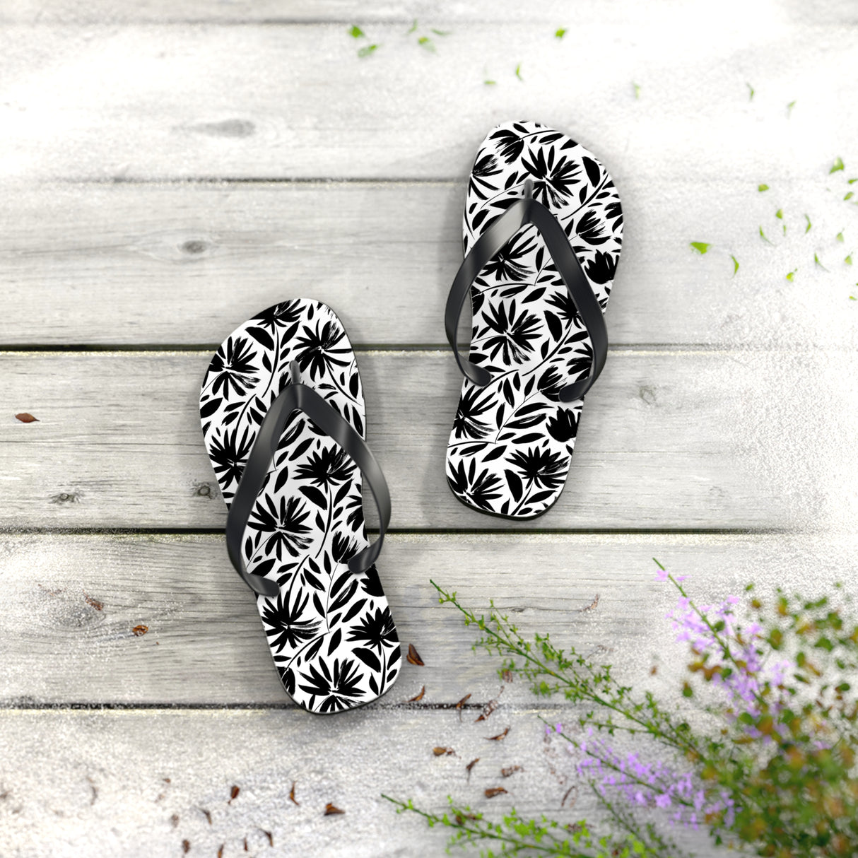 Black Flower Flip Flops