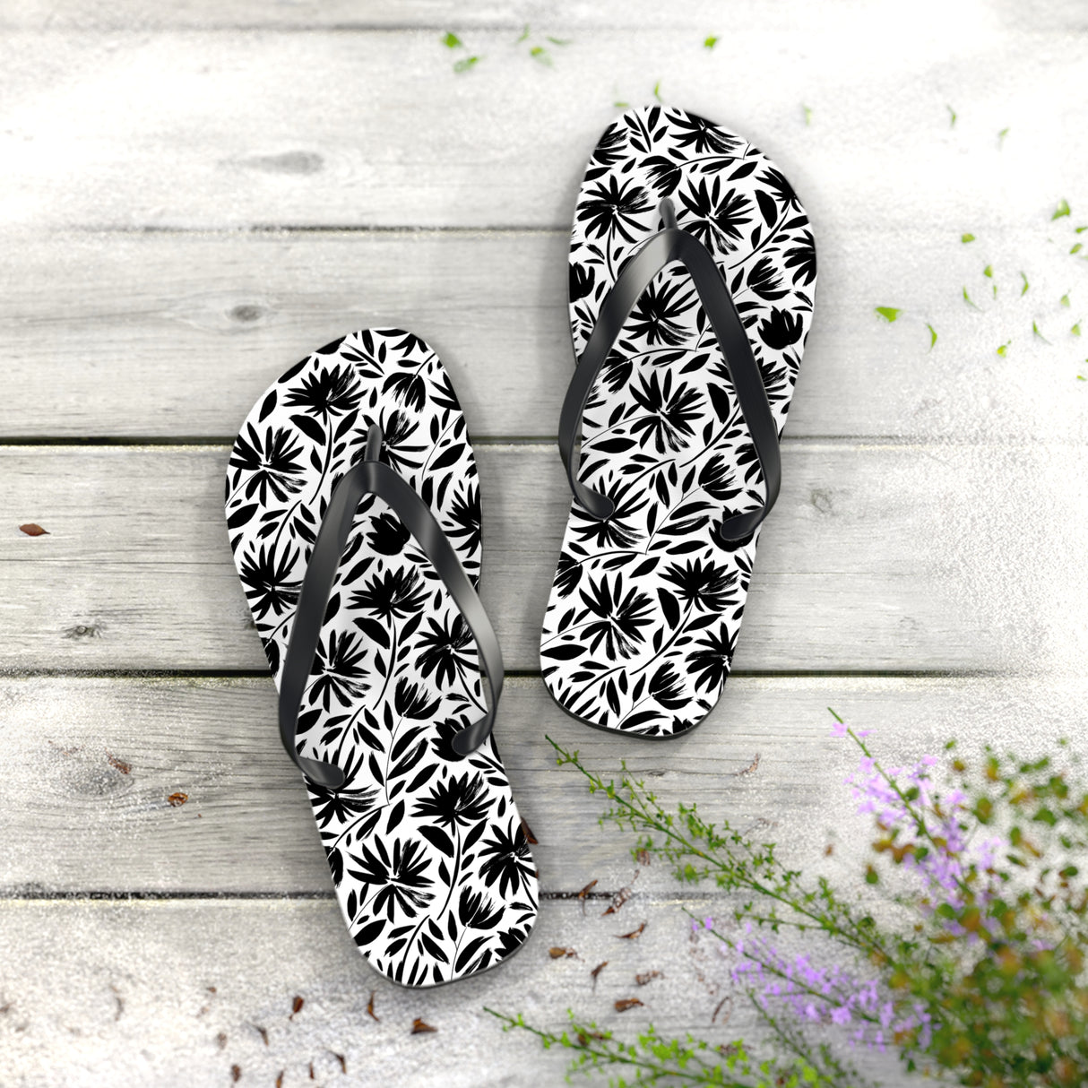 Black Flower Flip Flops