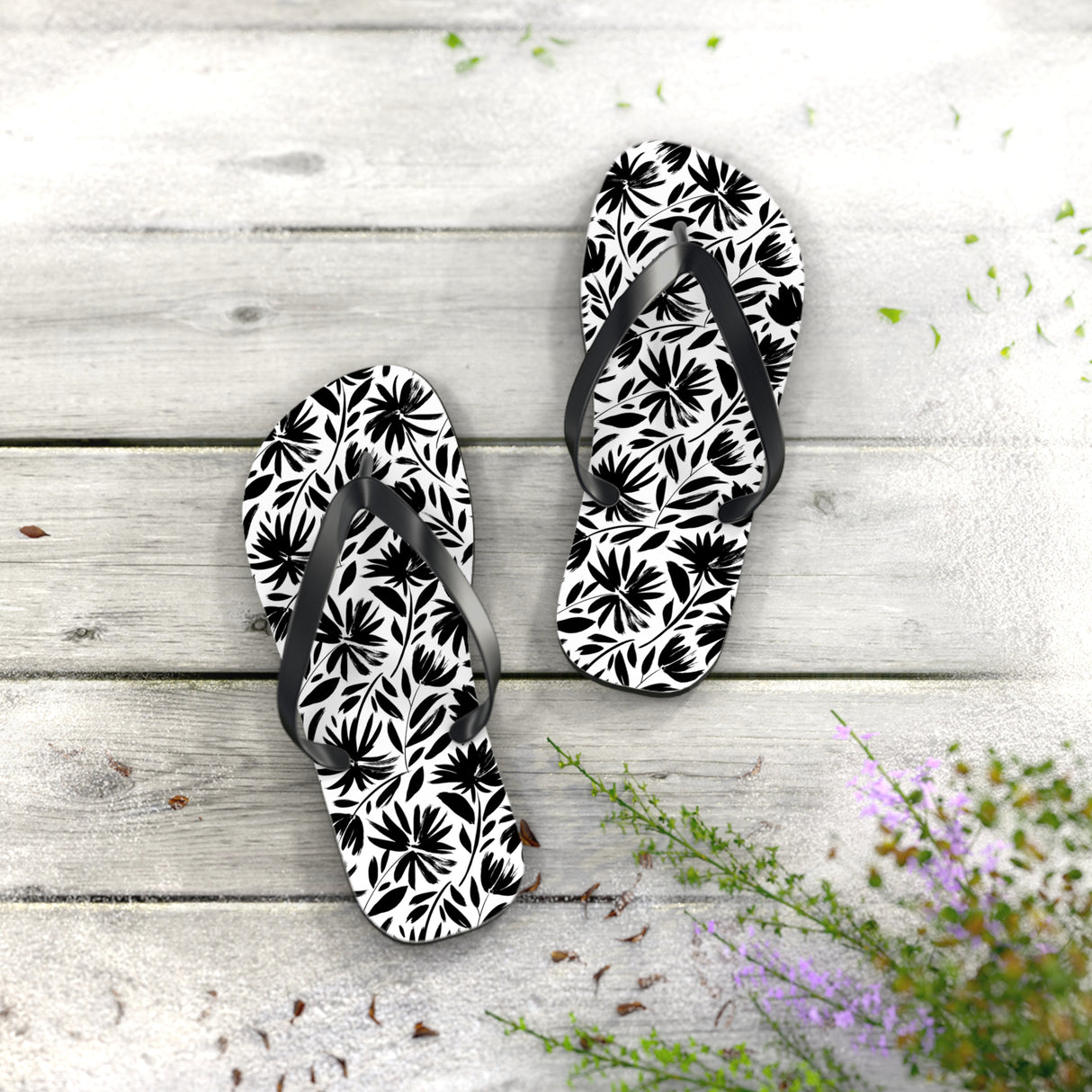 Black Flower Flip Flops