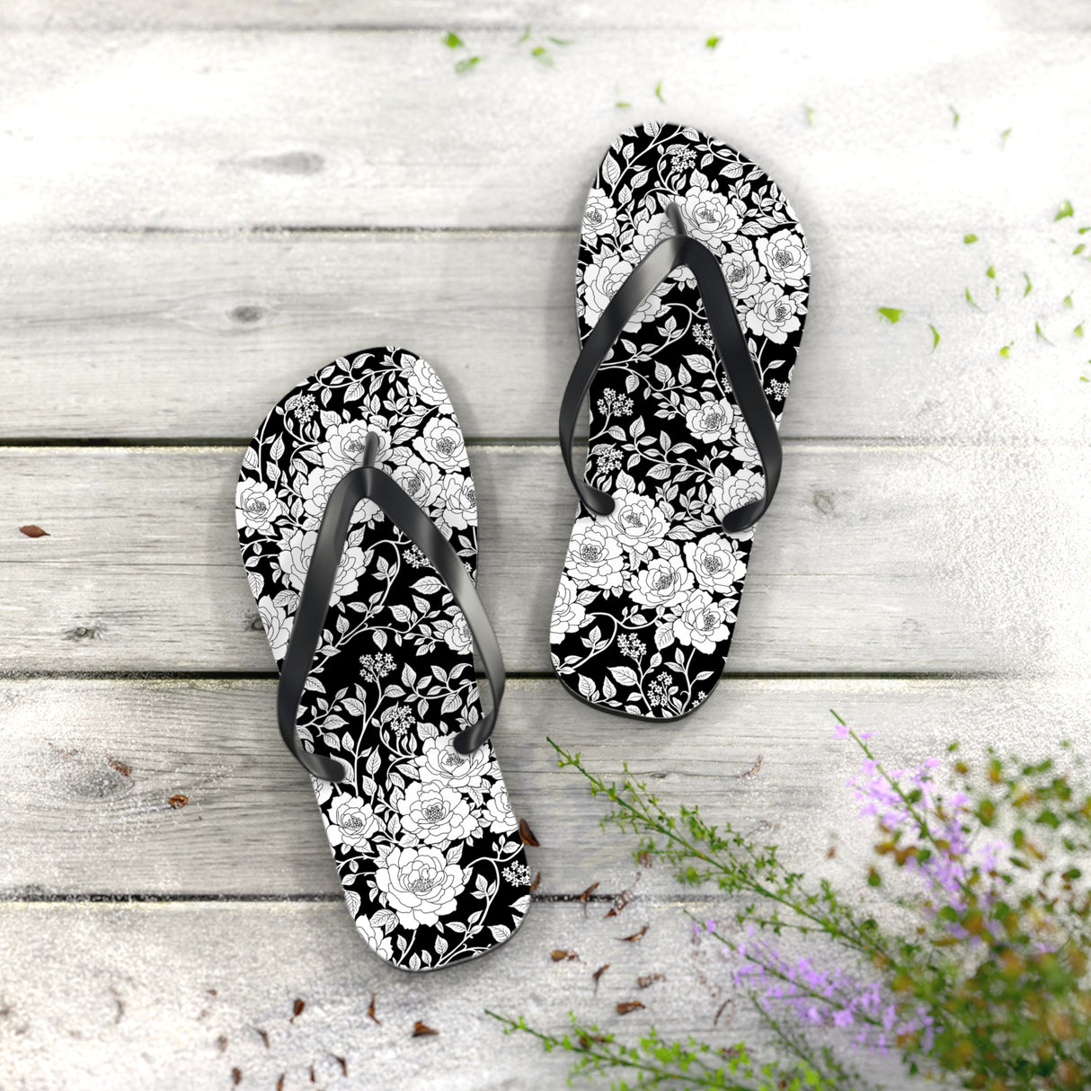 Black Floral Flip Flops