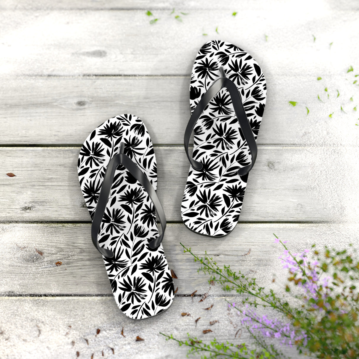Black Flower Flip Flops