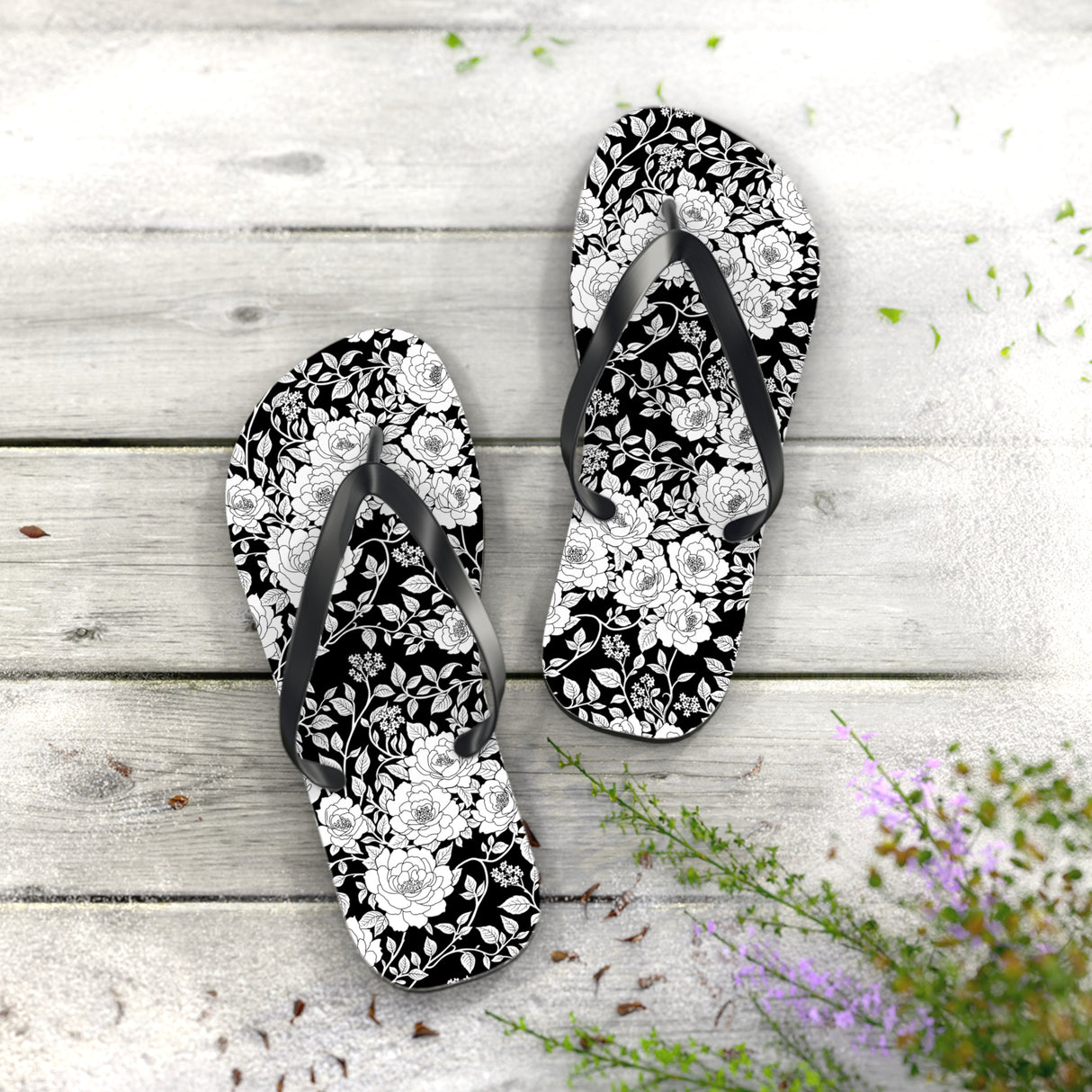 Black Floral Flip Flops