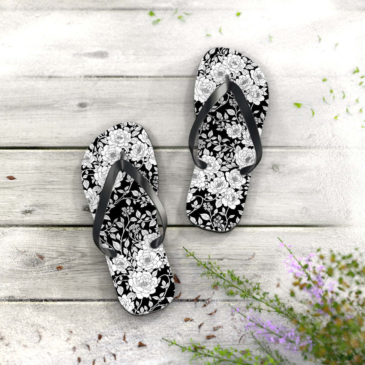 Black Floral Flip Flops
