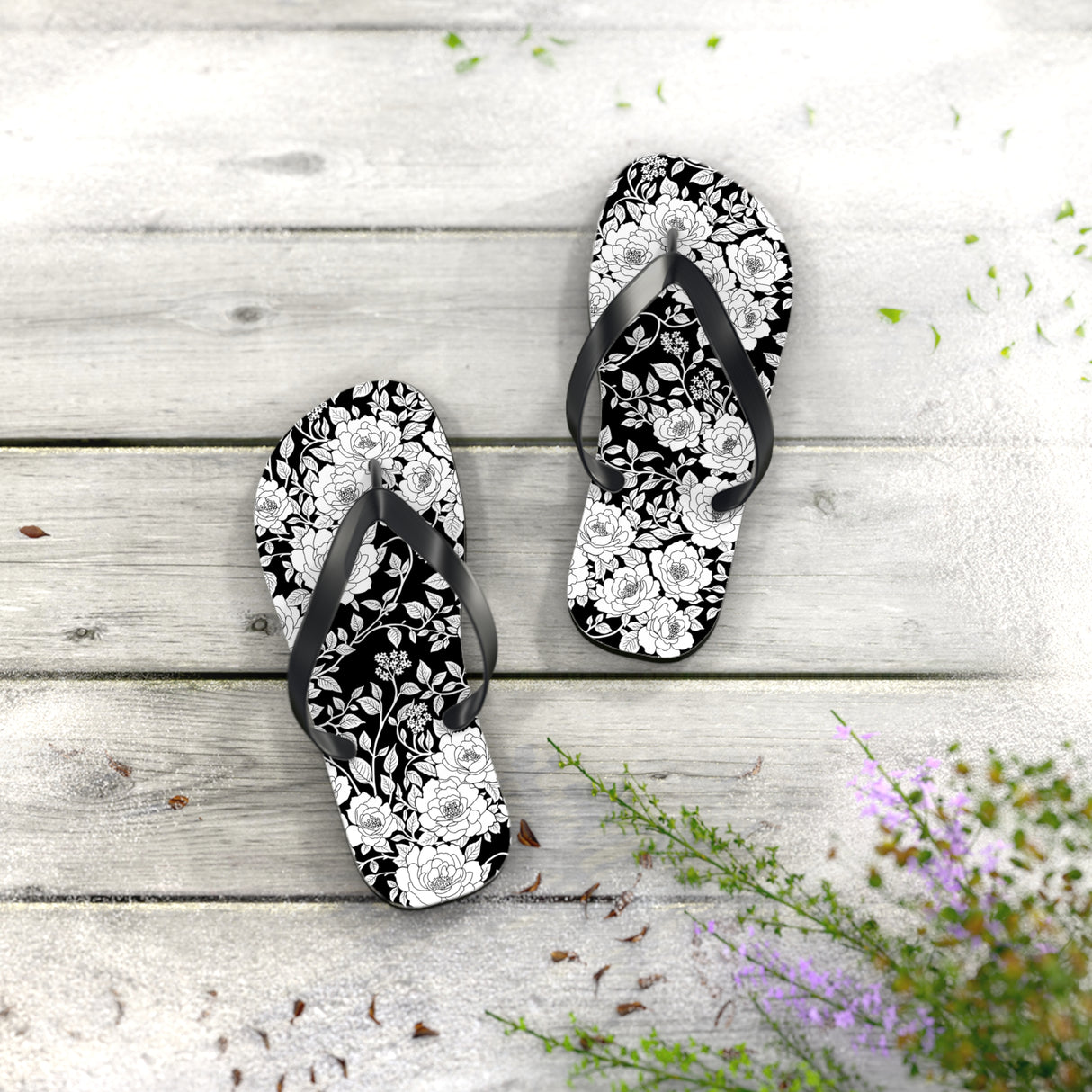 Black Floral Flip Flops